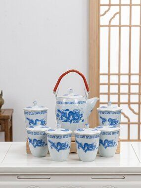 Great China Company Vintage Blue Dragon Tea Set with Lidded Cups and Pot